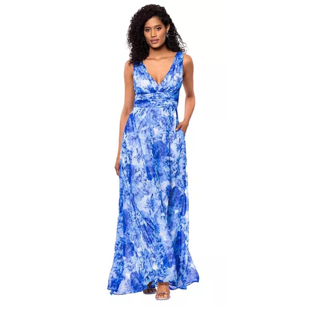 Betsy & Adam Blue Floral V Neck Ruched Waist Gown Dress 6 NWT